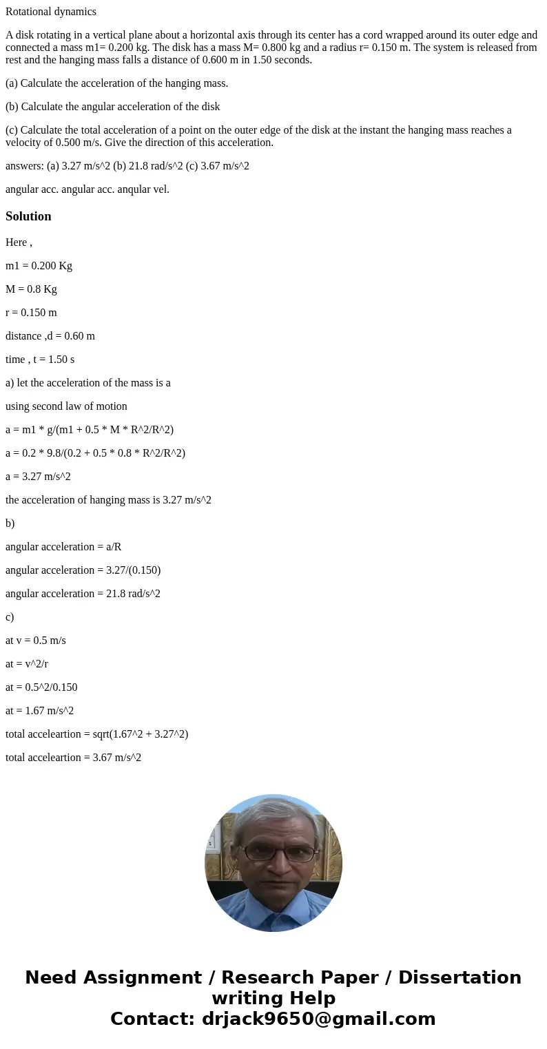 Rotational dynamics A disk rotating in a vertical plane about a horizontal axis through its center has a cord wrapped around its outer edge and connected a mass