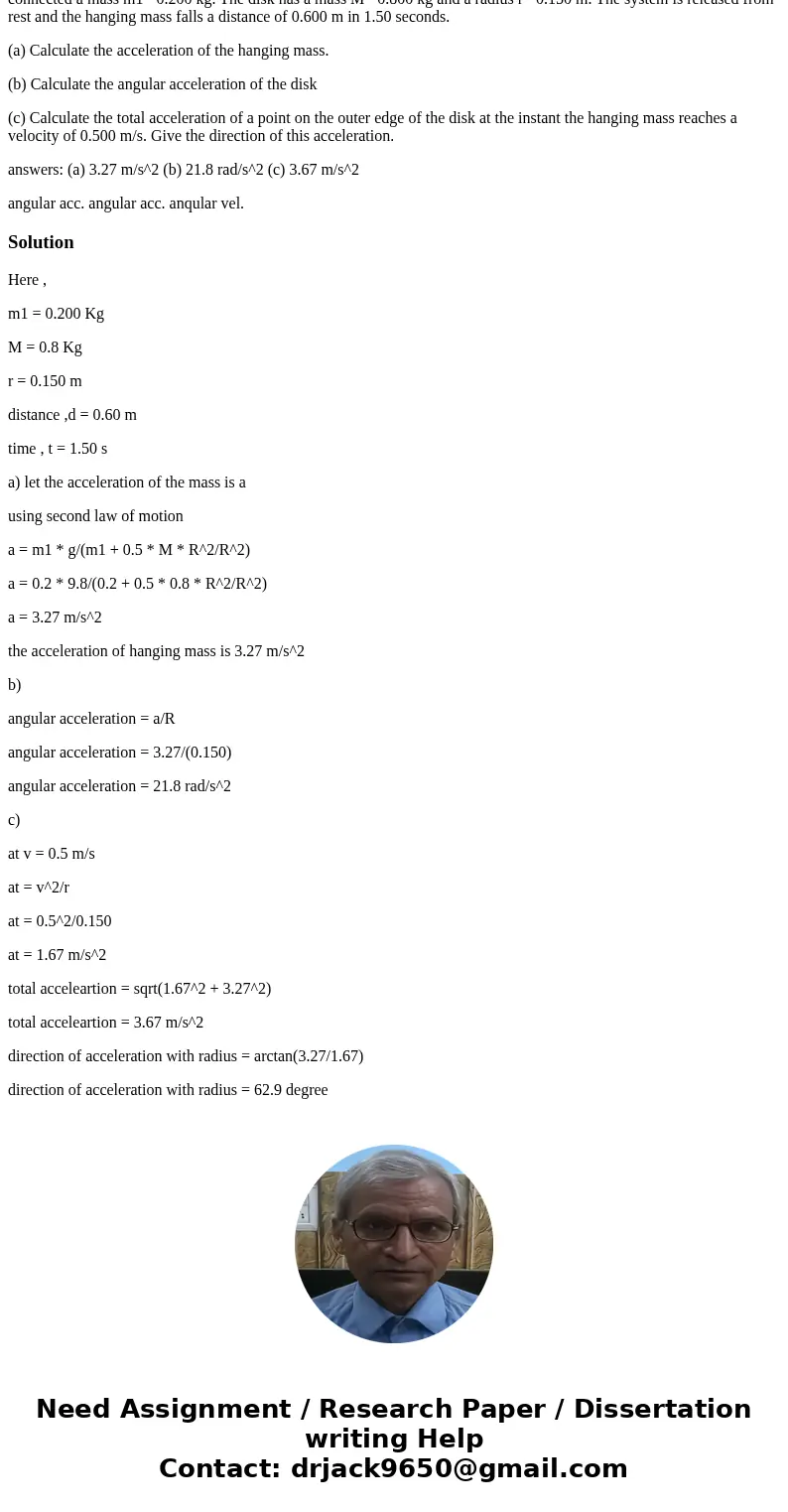 Rotational dynamics A disk rotating in a vertical plane about a horizontal axis through its center has a cord wrapped around its outer edge and connected a mass