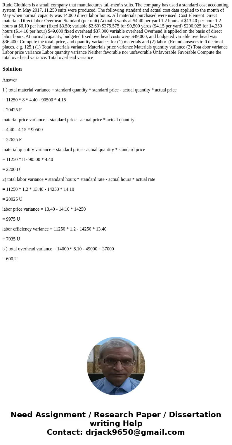  Rudd Clothiers is a small company that manufactures tall-men\'s suits. The company has used a standard cost accounting system. In May 2017, 11,250 suits were p