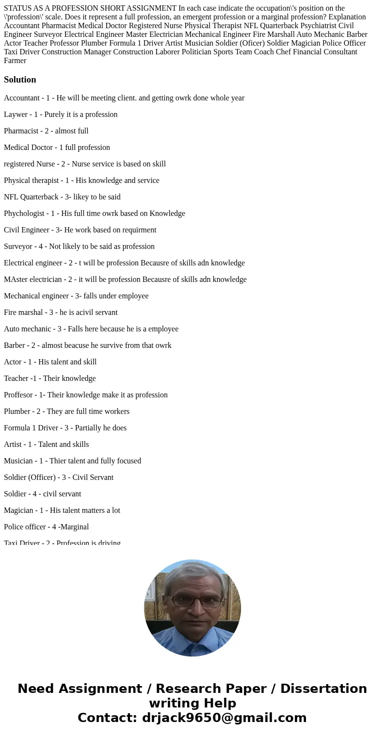  STATUS AS A PROFESSION SHORT ASSIGNMENT In each case indicate the occupation\'s position on the \'profession\' scale. Does it represent a full profession, an e
