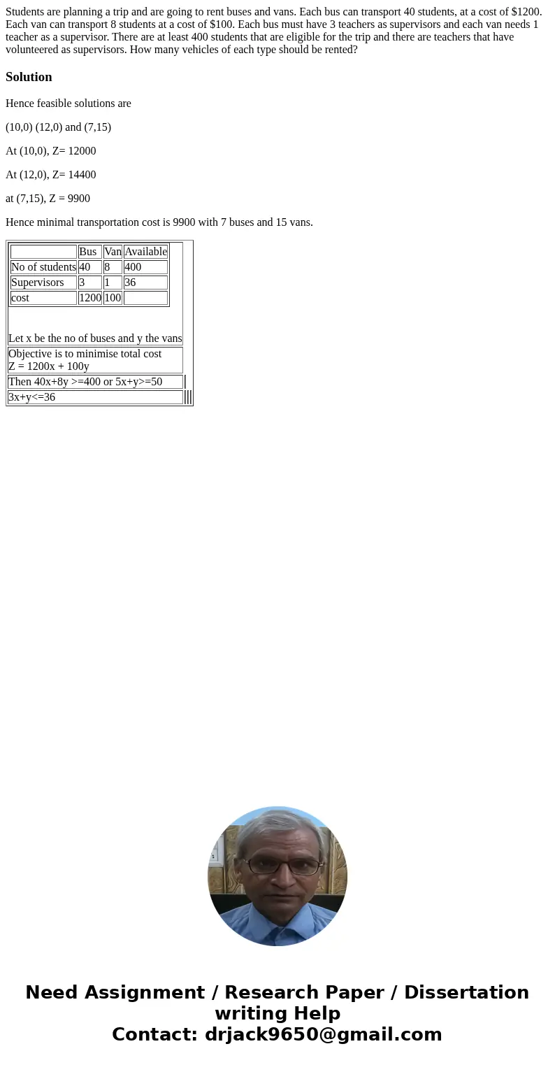  Students are planning a trip and are going to rent buses and vans. Each bus can transport 40 students, at a cost of $1200. Each van can transport 8 students at