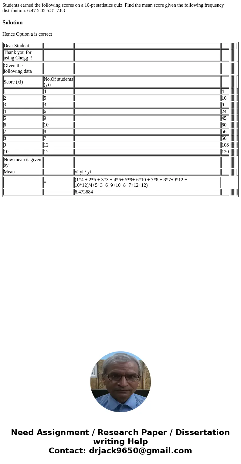  Students earned the following scores on a 10-pt statistics quiz. Find the mean score given the following frequency distribution. 6.47 5.05 5.81 7.88SolutionHen
