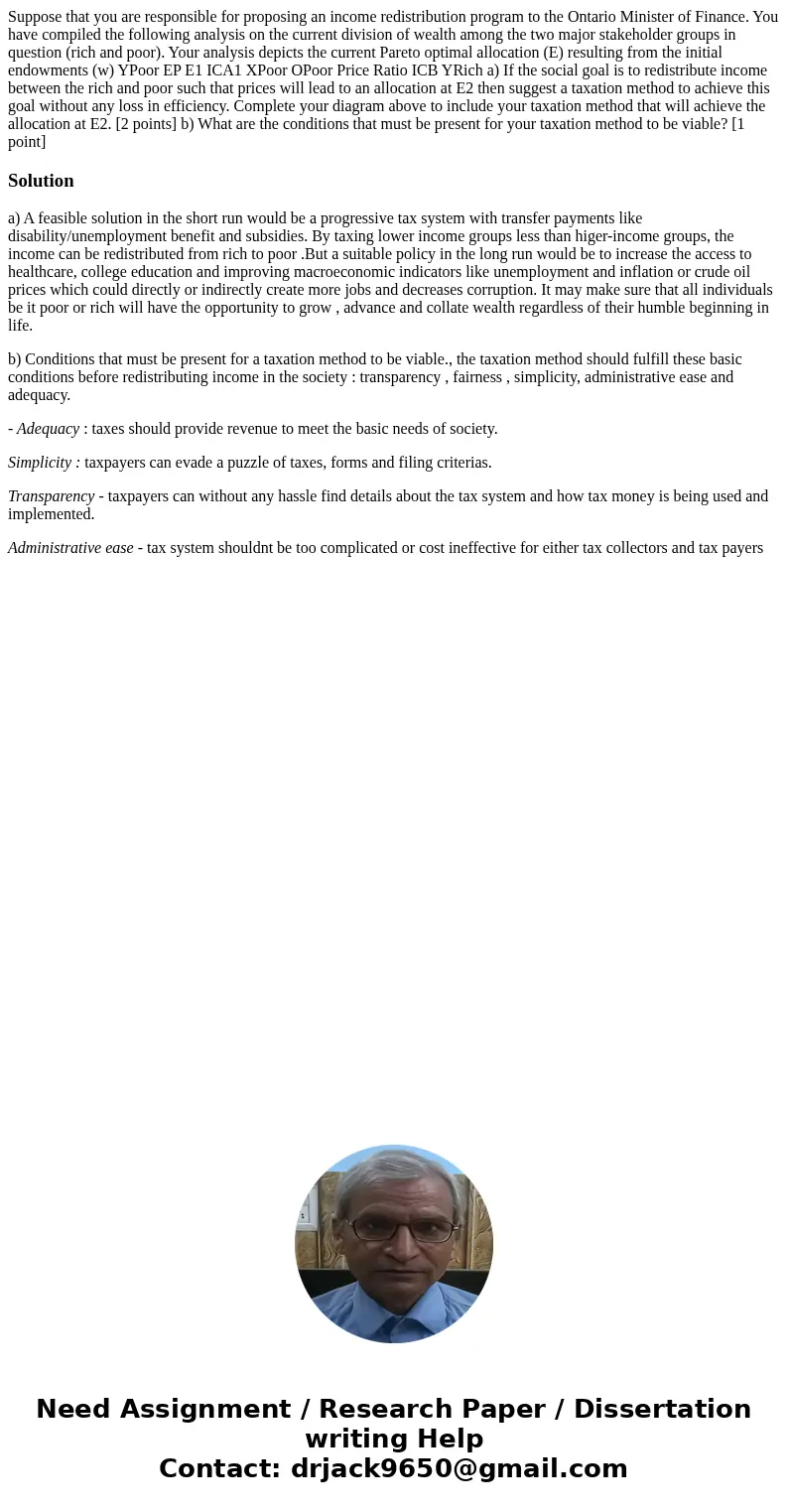  Suppose that you are responsible for proposing an income redistribution program to the Ontario Minister of Finance. You have compiled the following analysis on