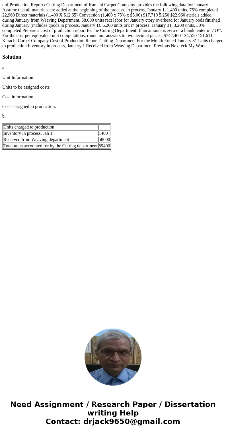  t of Production Report eCutting Department of Karachi Carpet Company provides the following data for January. Assume that all materials are added at the beginn