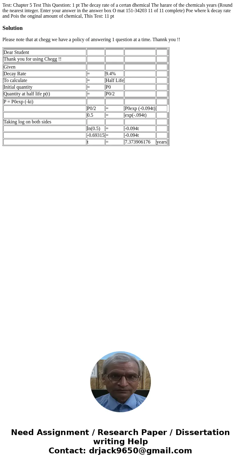  Test: Chapter 5 Test This Question: 1 pt The decay rate of a certan dhemical The harare of the chemicals years (Round the nearest integer. Enter your answer in