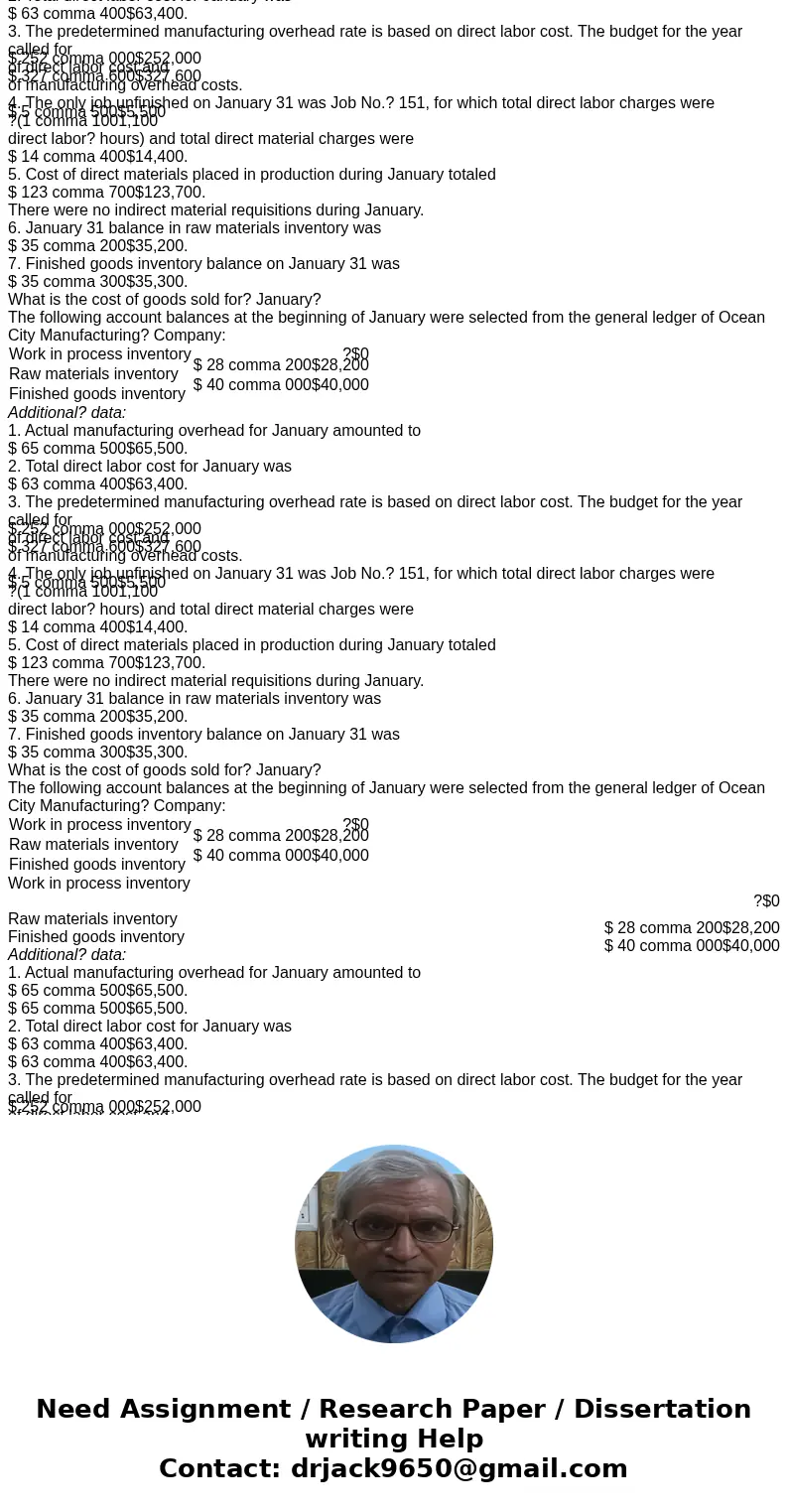  The following account balances at the beginning of January were selected from the general ledger of Ocean City Manufacturing? Company: Work in process inventor