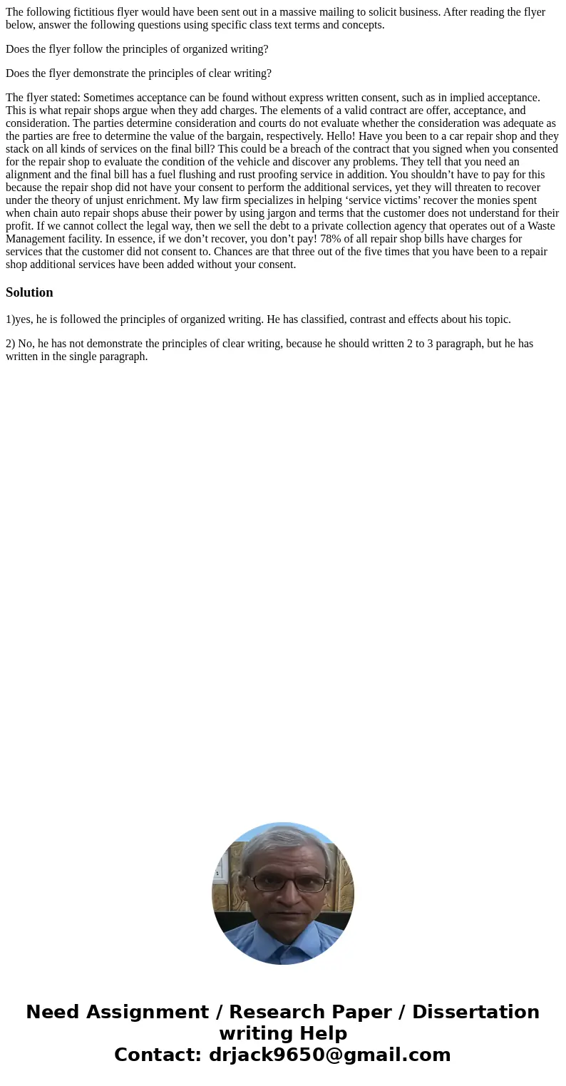 The following fictitious flyer would have been sent out in a massive mailing to solicit business. After reading the flyer below, answer the following questions 