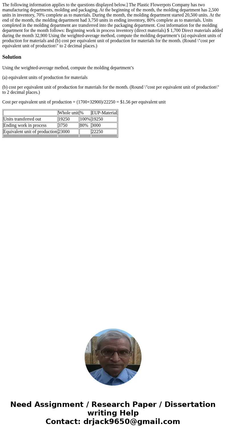 The following information applies to the questions displayed below.] The Plastic Flowerpots Company has two manufacturing departments, molding and packaging. At