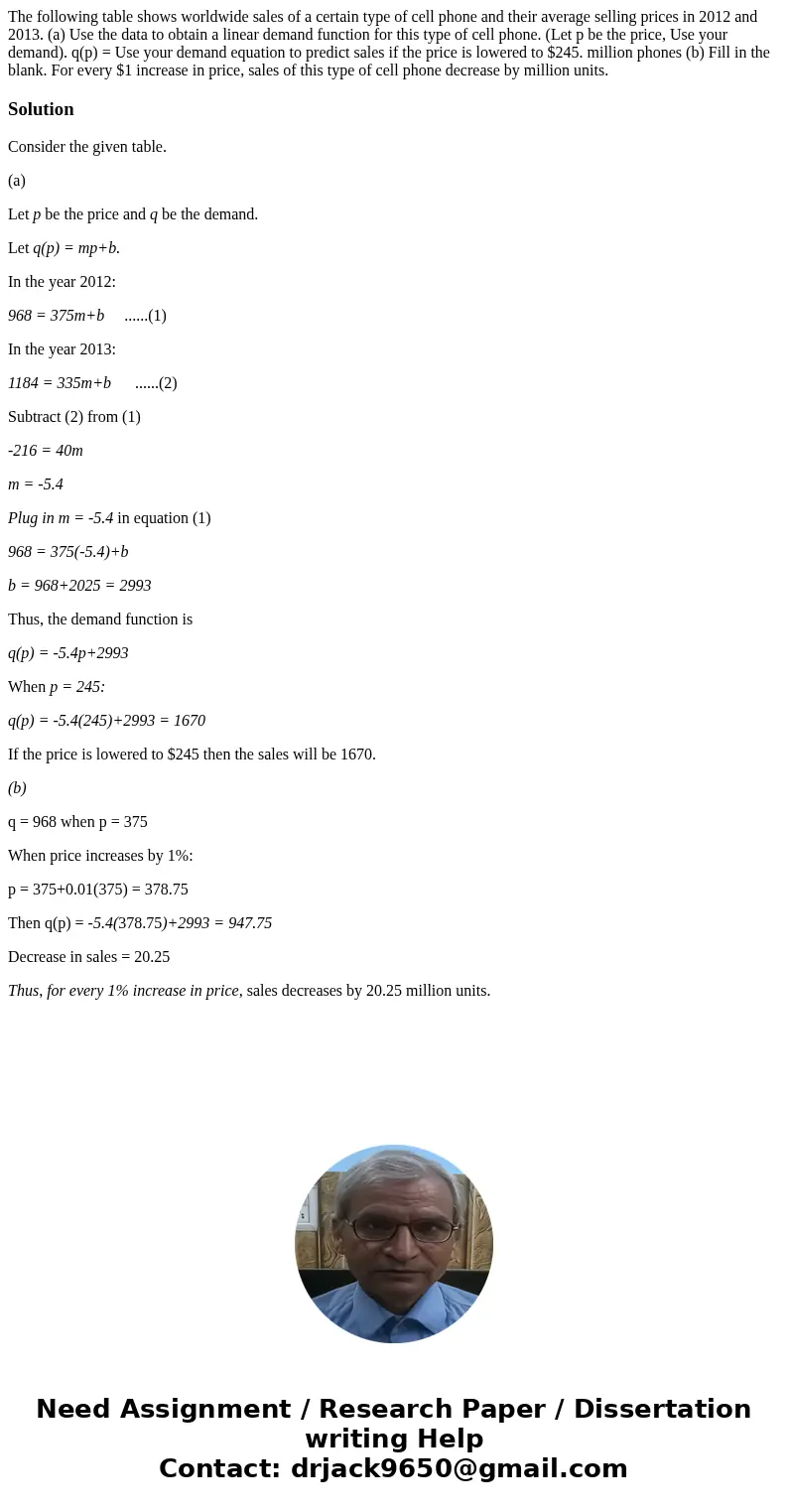  The following table shows worldwide sales of a certain type of cell phone and their average selling prices in 2012 and 2013. (a) Use the data to obtain a linea