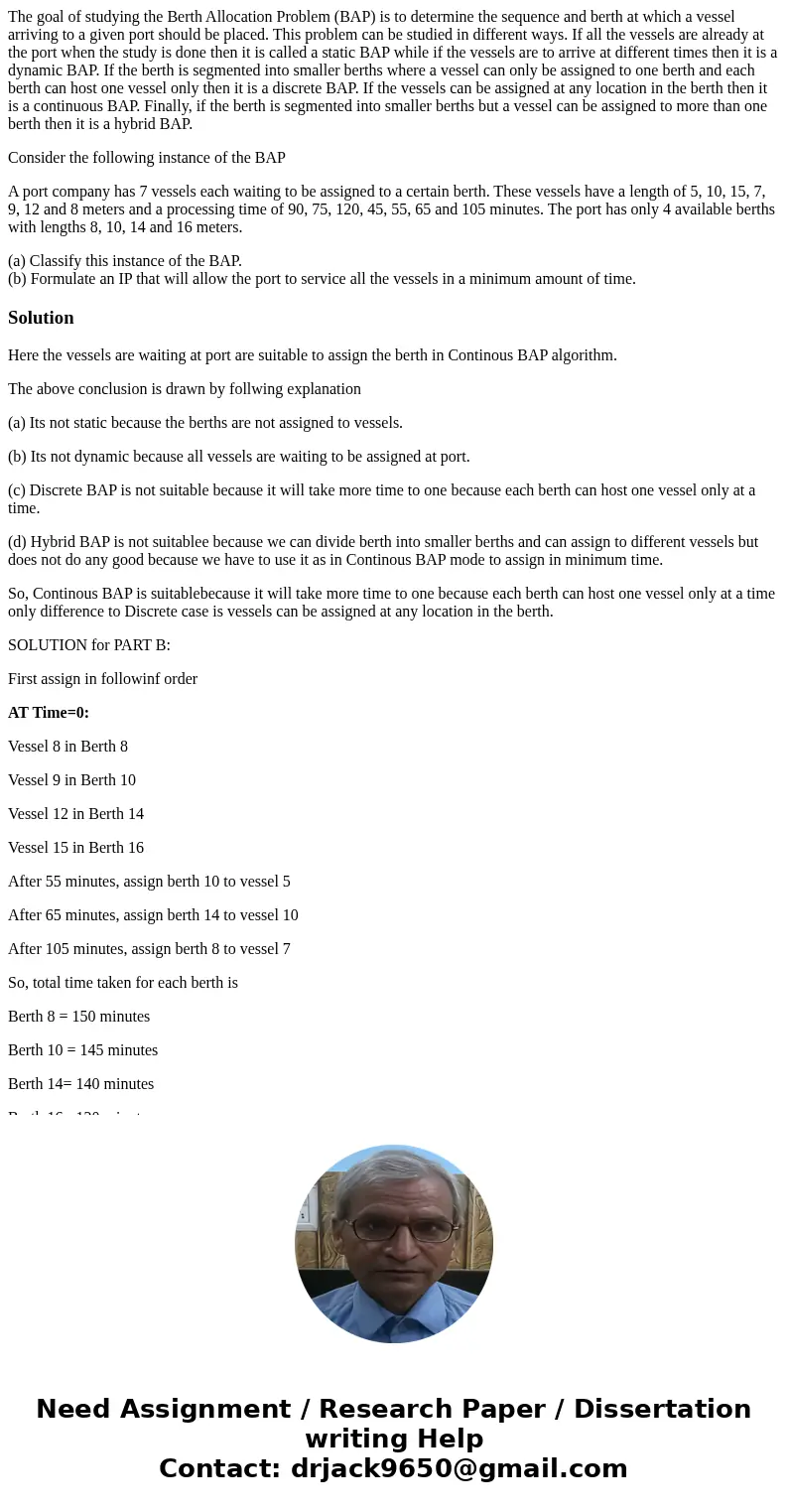 The goal of studying the Berth Allocation Problem (BAP) is to determine the sequence and berth at which a vessel arriving to a given port should be placed. This The goal of studying the Berth Allocation Problem (BAP) is to determine the sequence and berth at which a vessel arriving to a given port should be placed. This