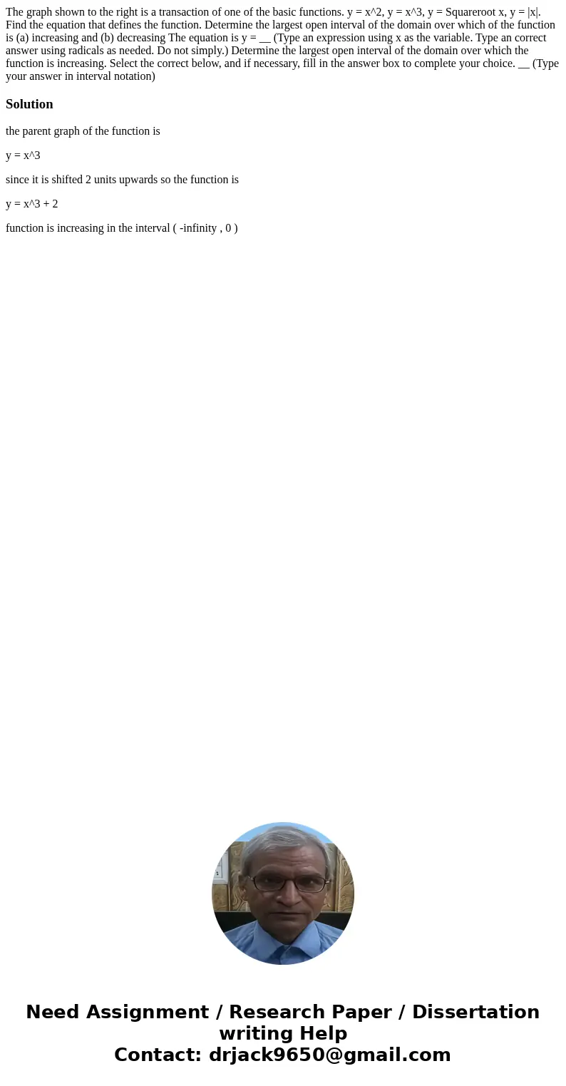 The graph shown to the right is a transaction of one of the basic functions. y = x^2, y = x^3, y = Squareroot x, y = |x|. Find the equation that defines the fu  The graph shown to the right is a transaction of one of the basic functions. y = x^2, y = x^3, y = Squareroot x, y = |x|. Find the equation that defines the fu