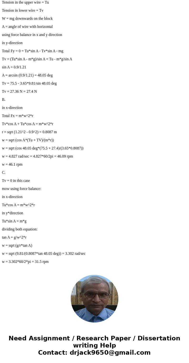 The m = 3.65-kg block in the figure below is attached to a vertical rod by means of two strings. When the system rotates about the axis of the rod, the strings 