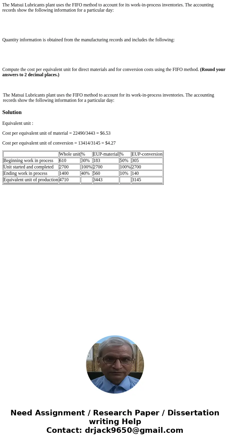 The Matsui Lubricants plant uses the FIFO method to account for its work-in-process inventories. The accounting records show the following information for a par