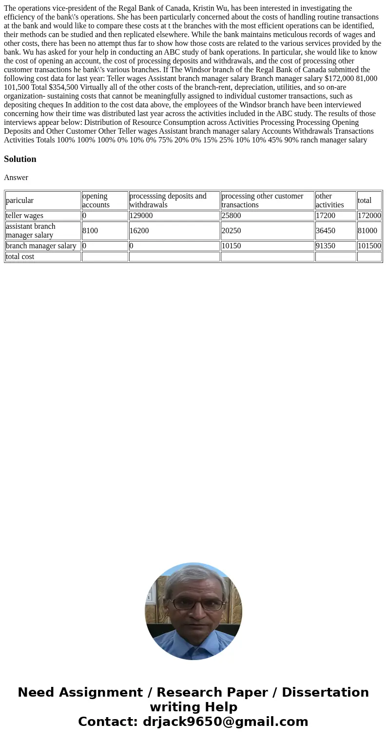  The operations vice-president of the Regal Bank of Canada, Kristin Wu, has been interested in investigating the efficiency of the bank\'s operations. She has b