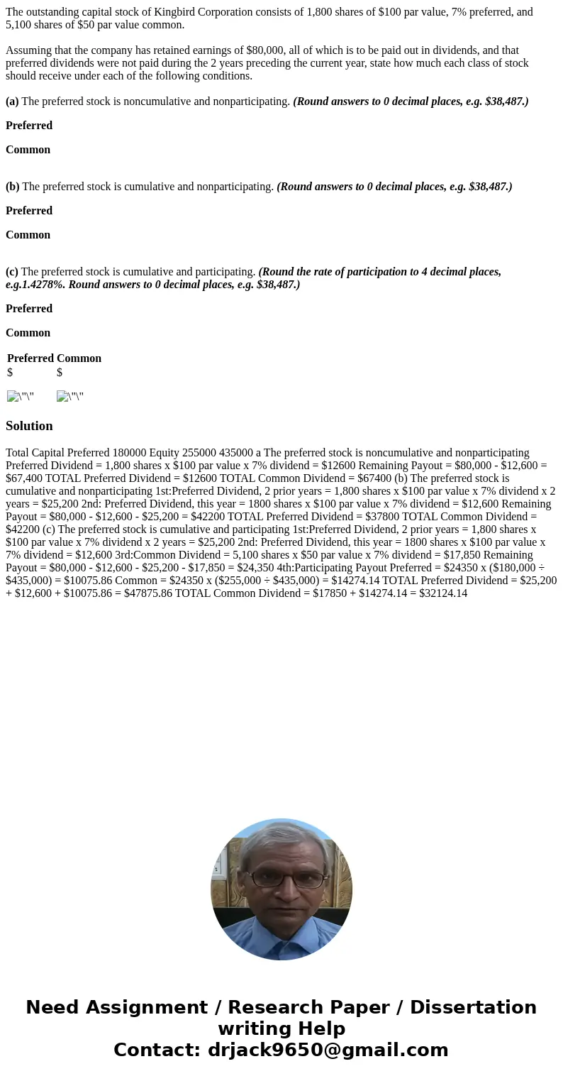 The outstanding capital stock of Kingbird Corporation consists of 1,800 shares of $100 par value, 7% preferred, and 5,100 shares of $50 par value common. Assumi