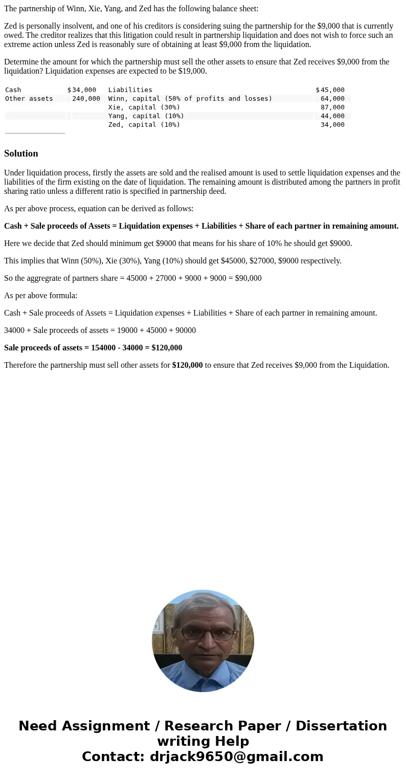  The partnership of Winn, Xie, Yang, and Zed has the following balance sheet: Zed is personally insolvent, and one of his creditors is considering suing the par