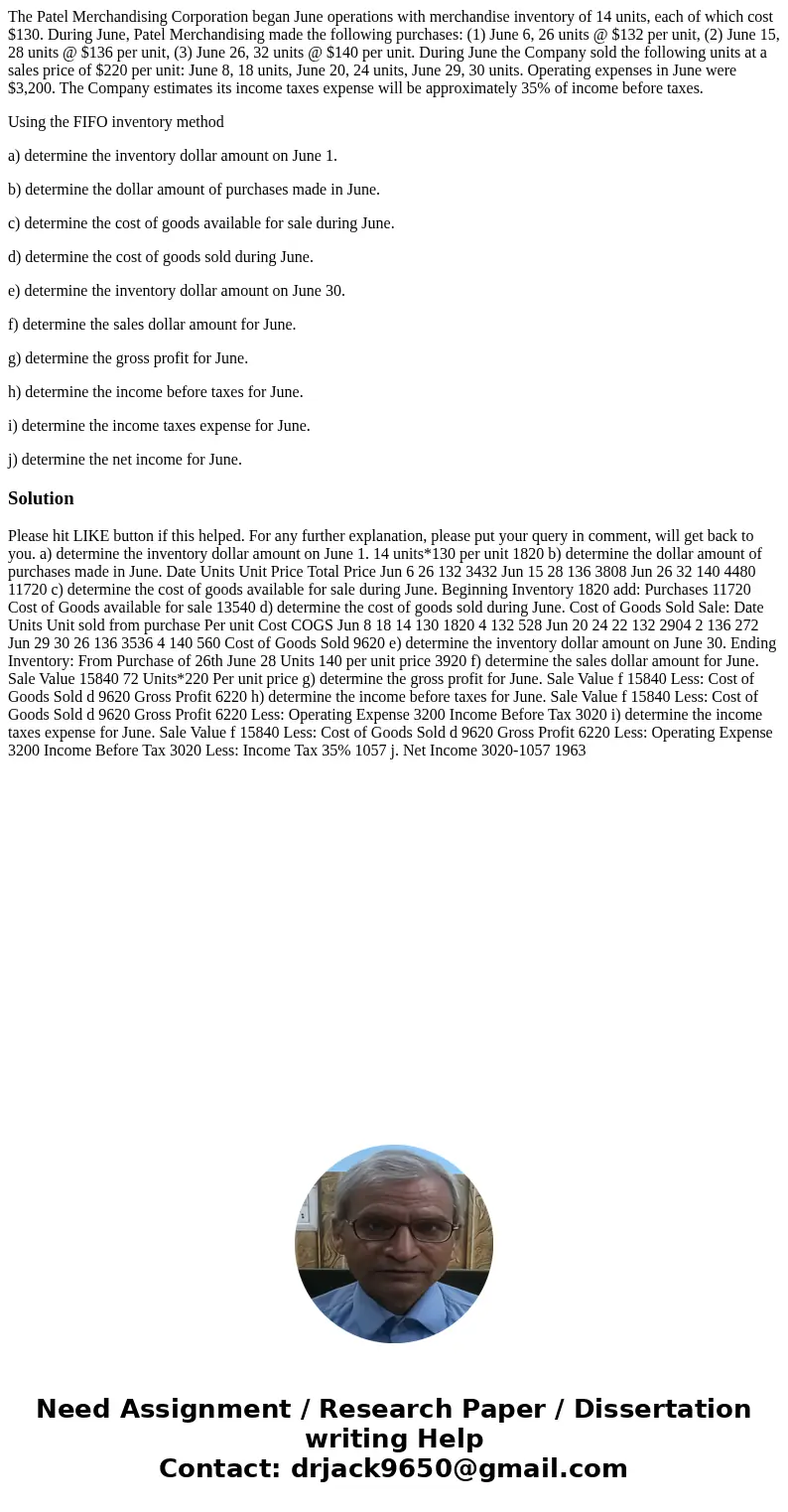 The Patel Merchandising Corporation began June operations with merchandise inventory of 14 units, each of which cost $130. During June, Patel Merchandising made