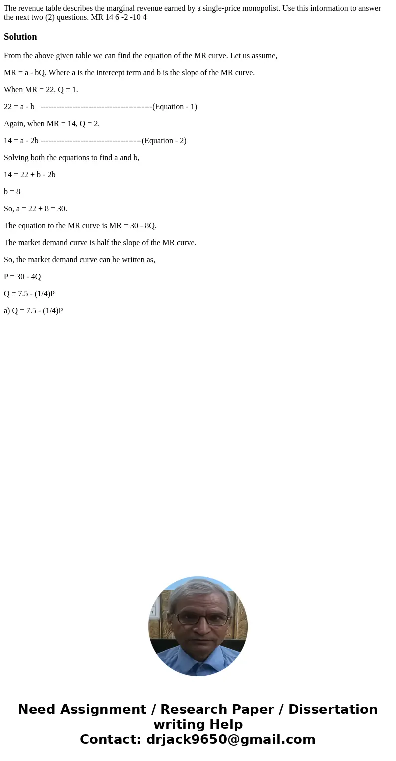  The revenue table describes the marginal revenue earned by a single-price monopolist. Use this information to answer the next two (2) questions. MR 14 6 -2 -10