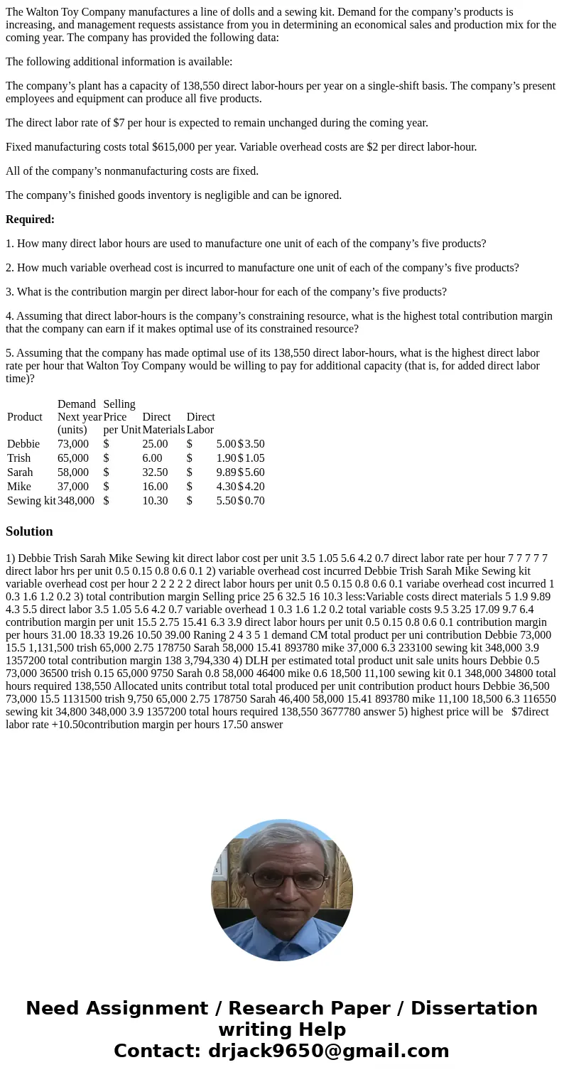 The Walton Toy Company manufactures a line of dolls and a sewing kit. Demand for the company’s products is increasing, and management requests assistance from y