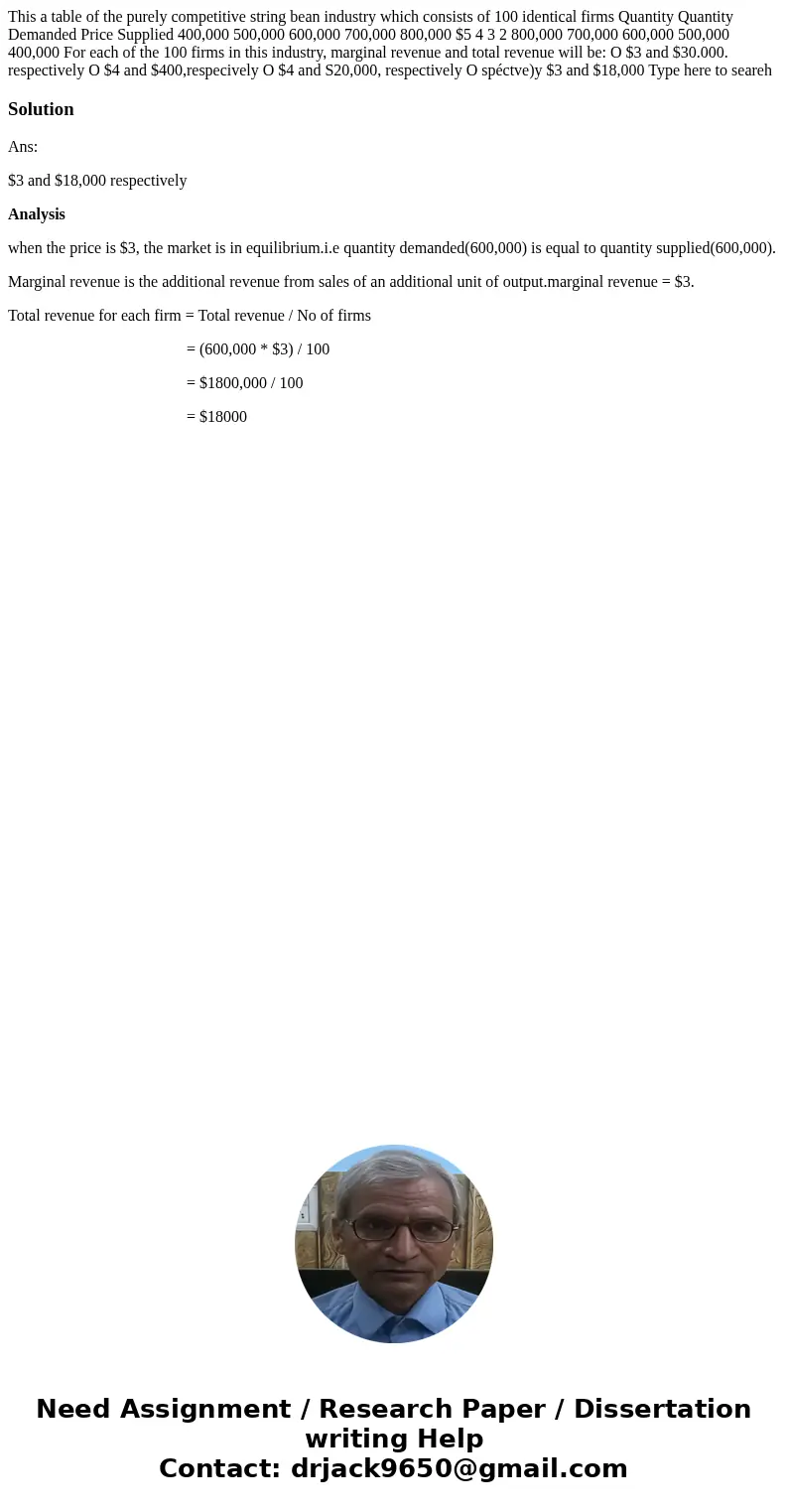 This a table of the purely competitive string bean industry which consists of 100 identical firms Quantity Quantity Demanded Price Supplied 400,000 500,000 600  This a table of the purely competitive string bean industry which consists of 100 identical firms Quantity Quantity Demanded Price Supplied 400,000 500,000 600