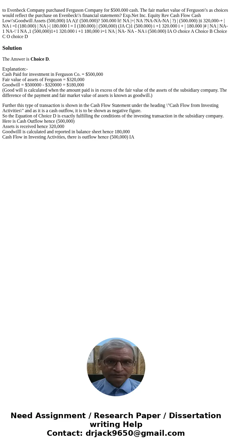  to Evenbeck Company purchased Ferguson Company for $500.000 cash. The fair market value of Ferguson\'s as choices would reflect the purchase on Evenbeck\'s fin