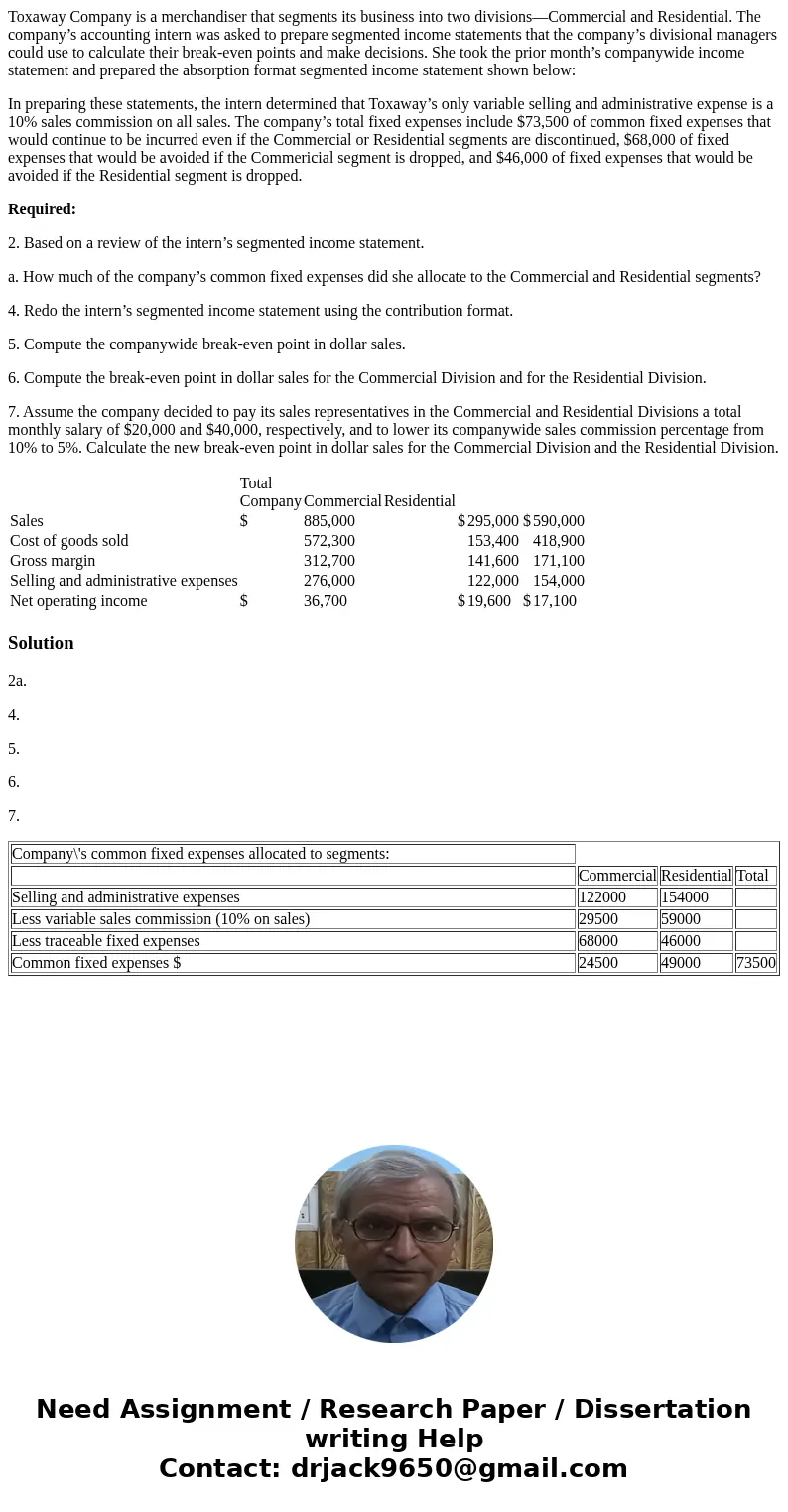 Toxaway Company is a merchandiser that segments its business into two divisions—Commercial and Residential. The company’s accounting intern was asked to prepare