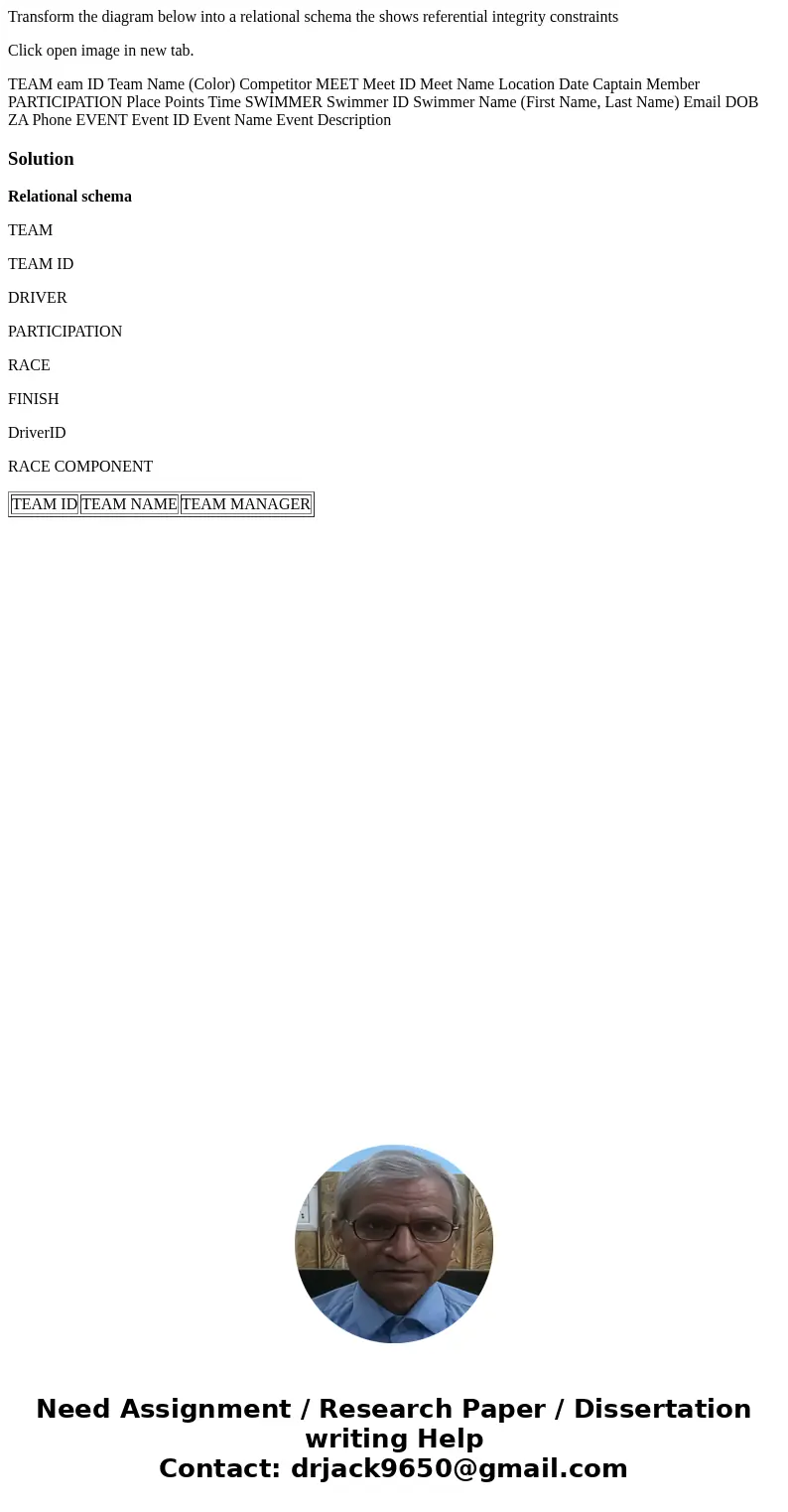 Transform the diagram below into a relational schema the shows referential integrity constraints Click open image in new tab. TEAM eam ID Team Name (Color) Comp