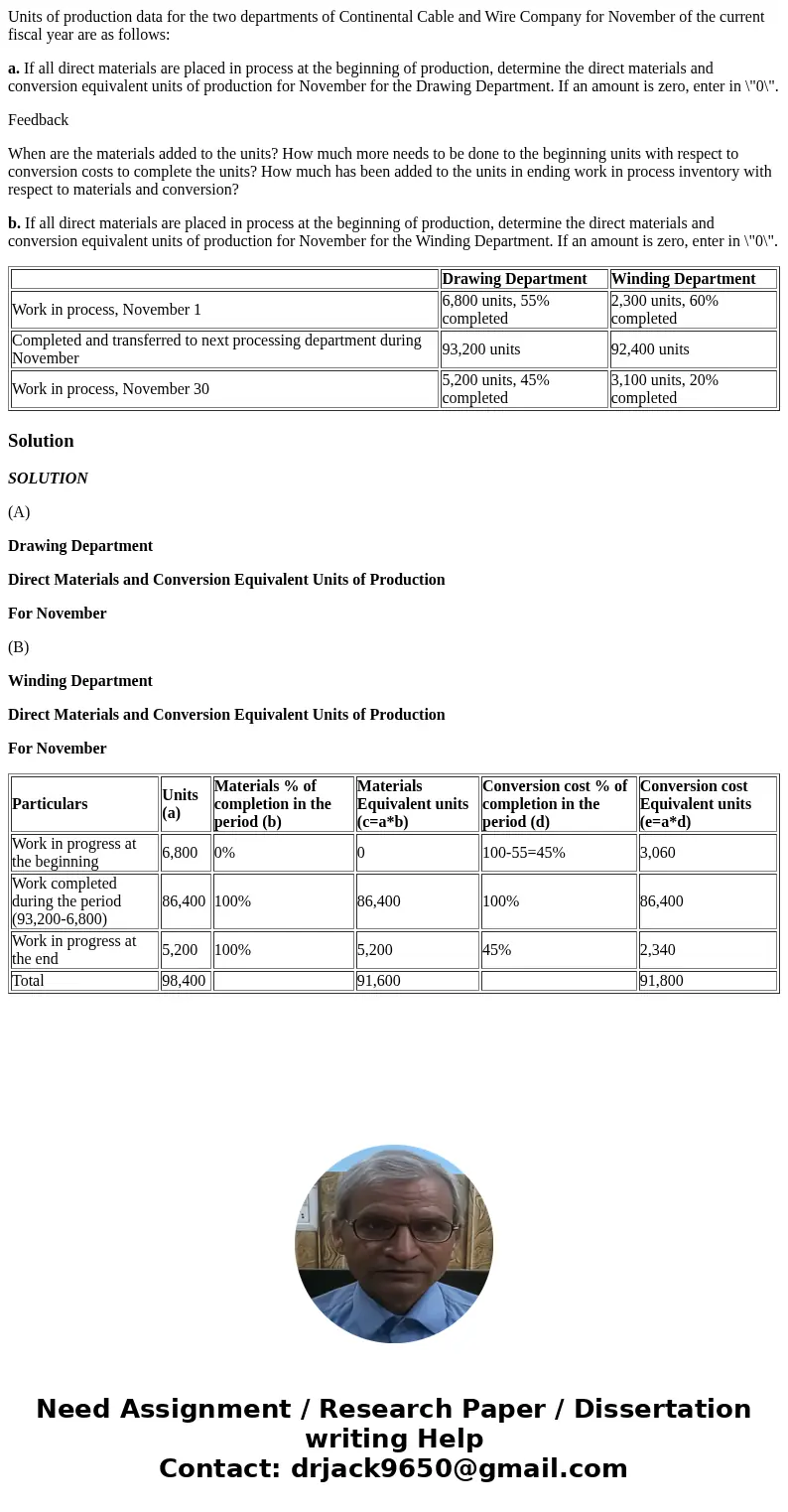 Units of production data for the two departments of Continental Cable and Wire Company for November of the current fiscal year are as follows: a. If all direct  Units of production data for the two departments of Continental Cable and Wire Company for November of the current fiscal year are as follows: a. If all direct