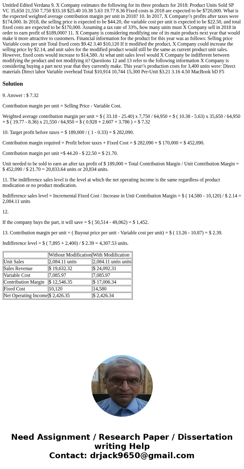  Untitled Edited Verdana 9. X Company estimates the following for its three products for 2018: Product Units Sold SP VC 35,650 21,550 7,750 $33.18 $25.40 10.38 