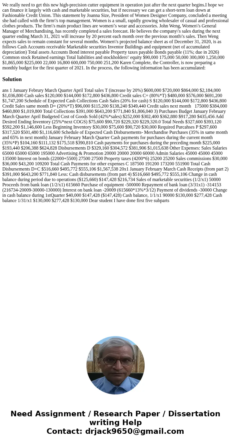  We really need to get this new high-precision cutter equipment in operation just after the next quarter begins.I hope we can finance it largely with cash and m