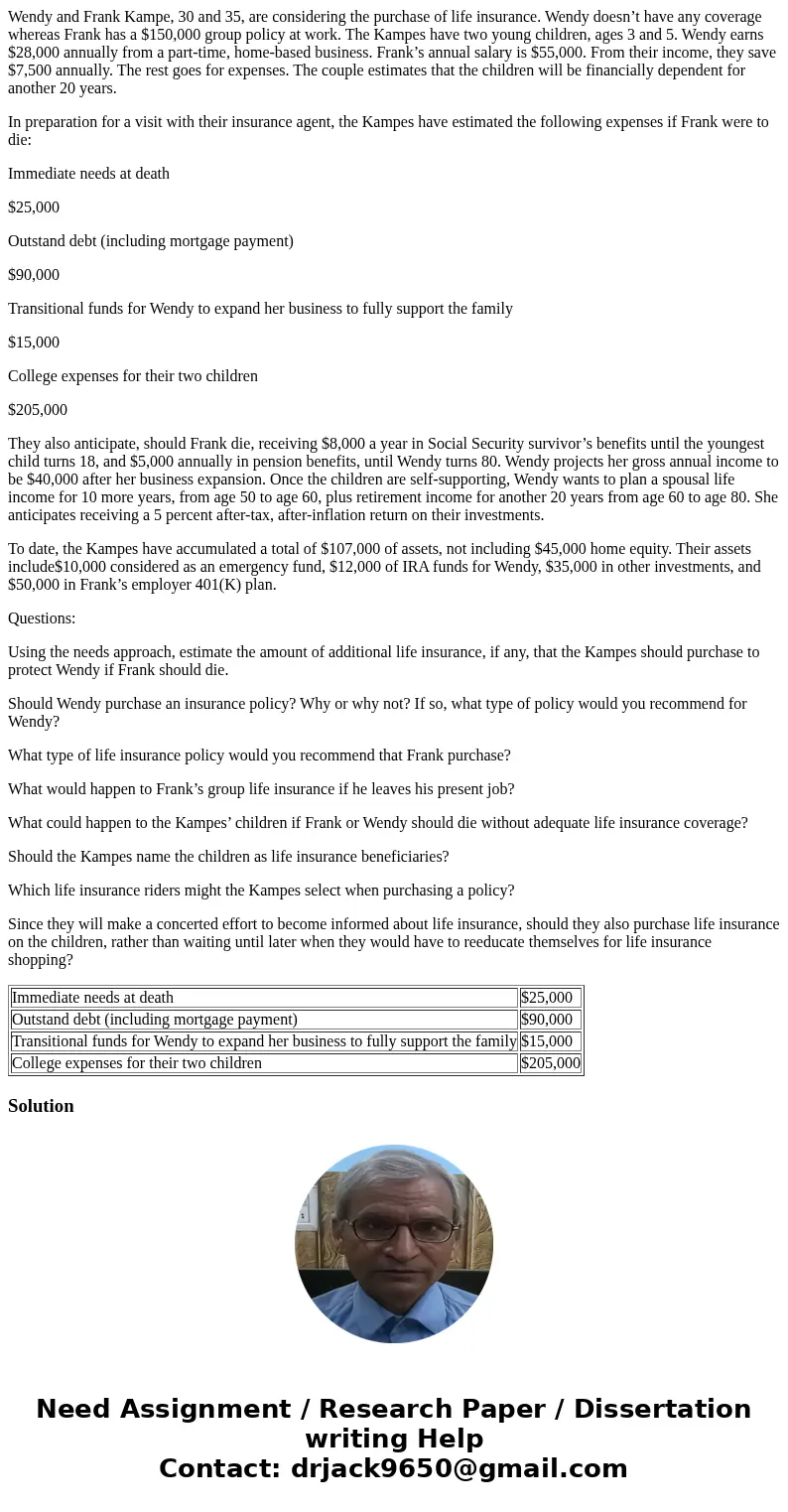 Wendy and Frank Kampe, 30 and 35, are considering the purchase of life insurance. Wendy doesn’t have any coverage whereas Frank has a $150,000 group policy at w