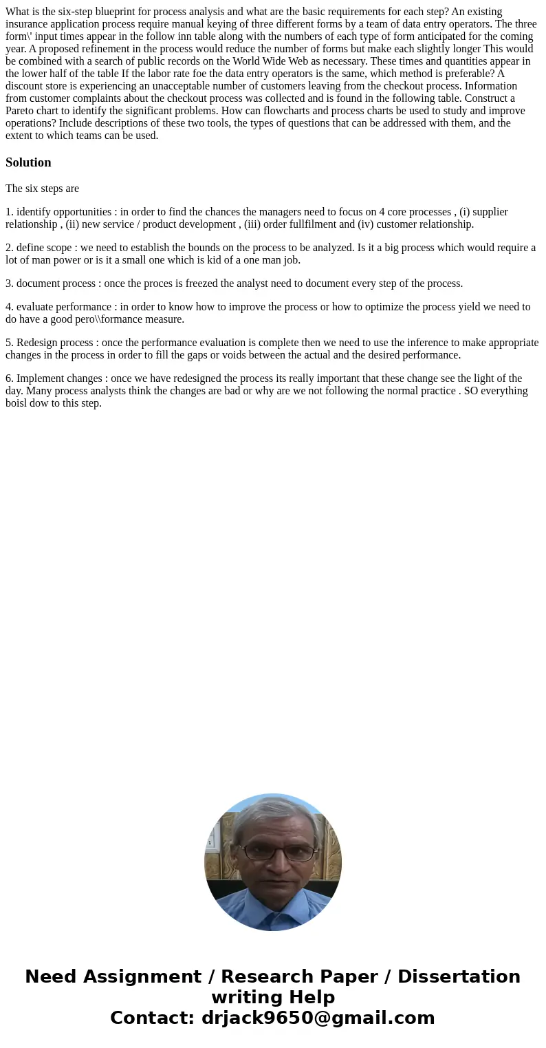 What is the six-step blueprint for process analysis and what are the basic requirements for each step? An existing insurance application process require manual  What is the six-step blueprint for process analysis and what are the basic requirements for each step? An existing insurance application process require manual