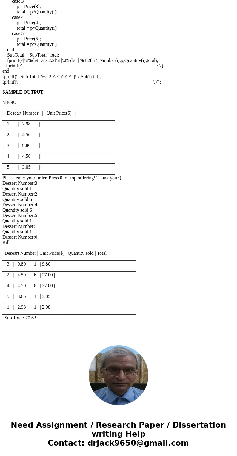 Write in Matlab A restaurant sells five different desserts whose prices are shown in the following table: Write a Matlab program to display the above menu to th