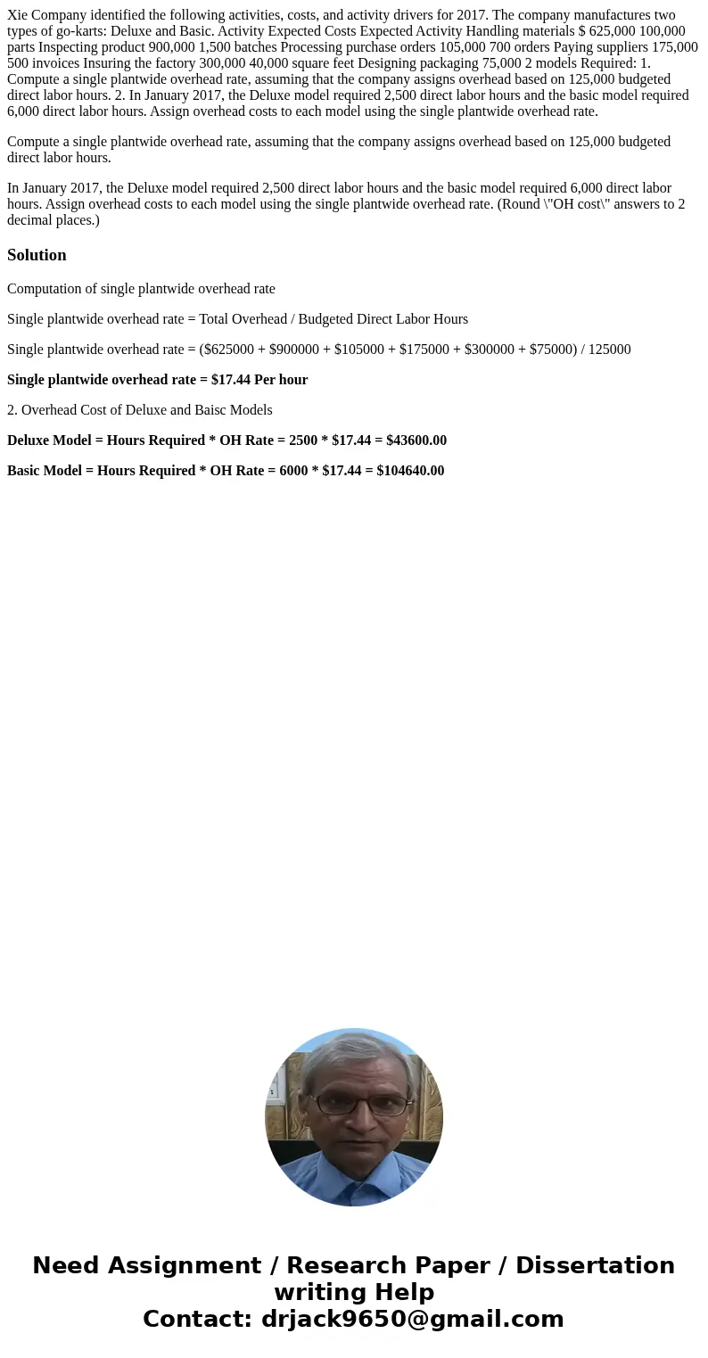 Xie Company identified the following activities, costs, and activity drivers for 2017. The company manufactures two types of go-karts: Deluxe and Basic. Activit