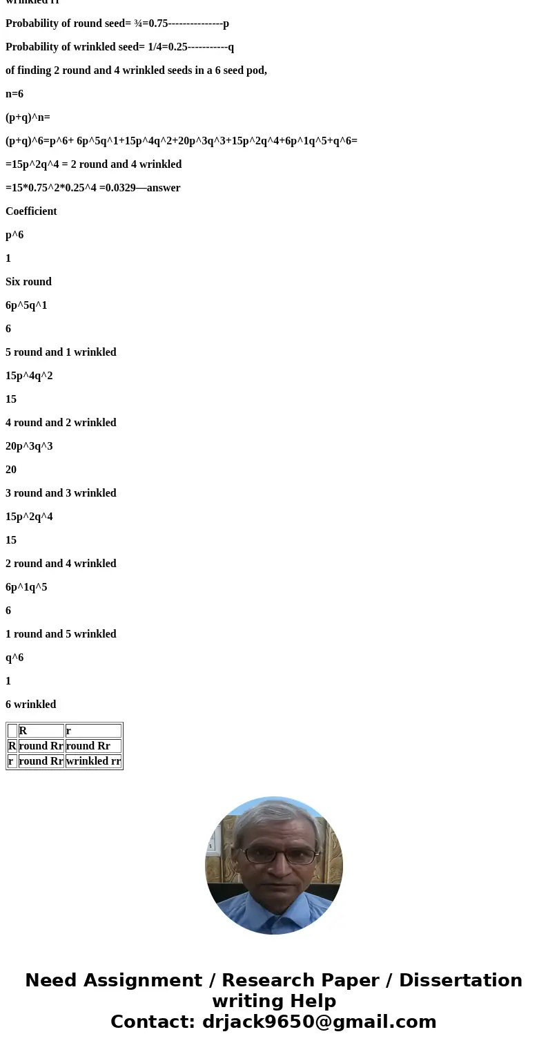  You self-pollinate a pea plant that is heterozygous for round/wrinkled alleles at the r locus (Rr). You want to figure out the probability of finding 2 round a
