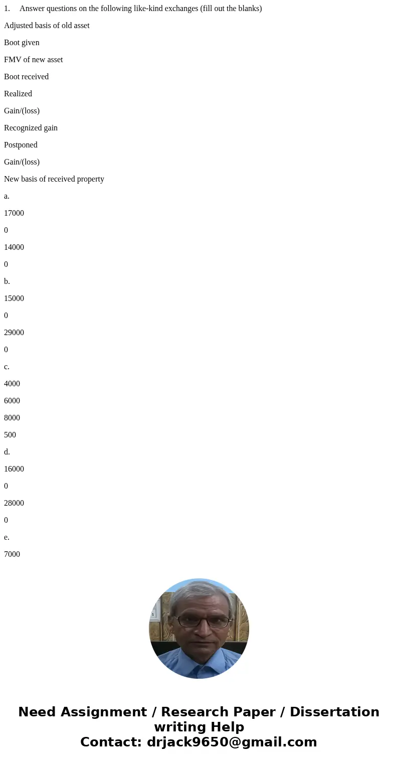 1. Answer questions on the following like-kind exchanges (fill out the blanks) Adjusted basis of old asset Boot given FMV of new asset Boot received Realized G  1. Answer questions on the following like-kind exchanges (fill out the blanks) Adjusted basis of old asset Boot given FMV of new asset Boot received Realized G