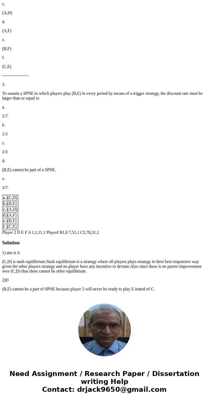 1. Consider the stage game below and suppose it is repeated twice The following strategy profiles are stage Nash equilibria (select all that apply) a. (C,D) b.  1. Consider the stage game below and suppose it is repeated twice The following strategy profiles are stage Nash equilibria (select all that apply) a. (C,D) b.