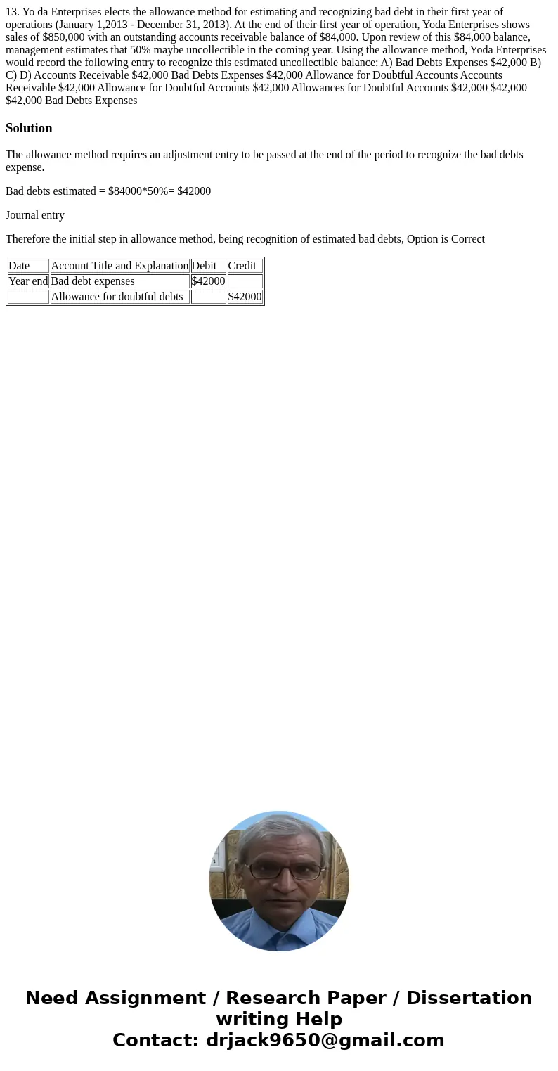 13. Yo da Enterprises elects the allowance method for estimating and recognizing bad debt in their first year of operations (January 1,2013 - December 31, 2013  13. Yo da Enterprises elects the allowance method for estimating and recognizing bad debt in their first year of operations (January 1,2013 - December 31, 2013