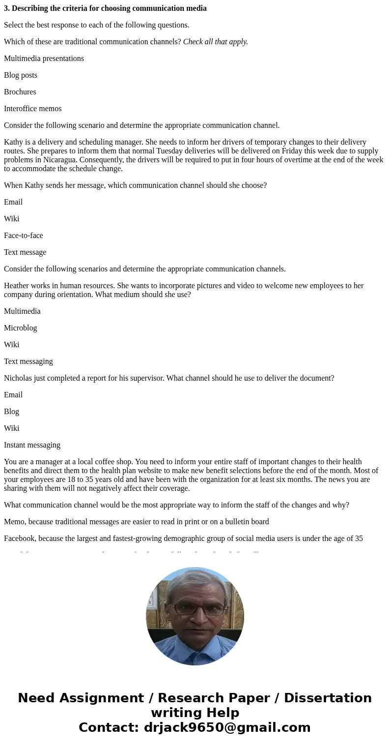 3. Describing the criteria for choosing communication media Select the best response to each of the following questions. Which of these are traditional communic 3. Describing the criteria for choosing communication media Select the best response to each of the following questions. Which of these are traditional communic