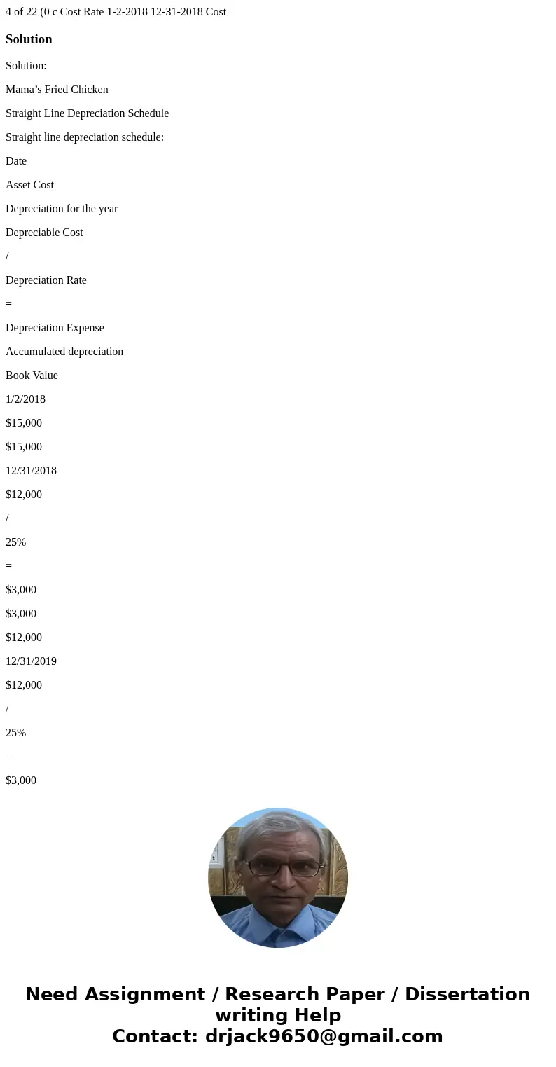  4 of 22 (0 c Cost Rate 1-2-2018 12-31-2018 Cost SolutionSolution: Mama’s Fried Chicken Straight Line Depreciation Schedule Straight line depreciation schedule: