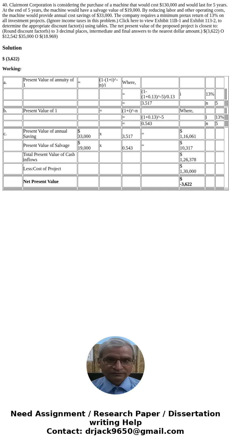  40. Clairmont Corporation is considering the purchase of a machine that would cost $130,000 and would last for 5 years. At the end of 5 years, the machine woul