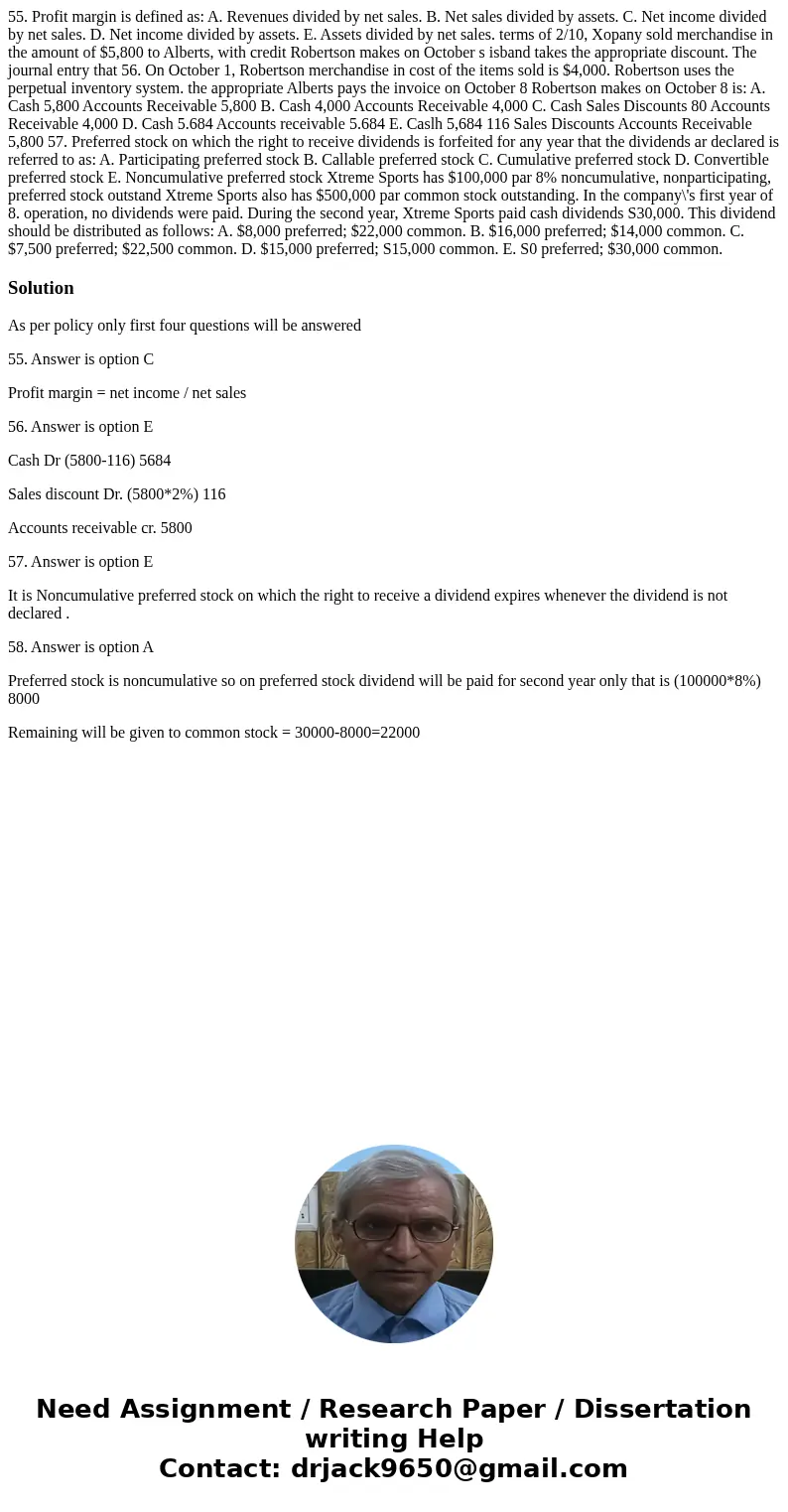 55. Profit margin is defined as: A. Revenues divided by net sales. B. Net sales divided by assets. C. Net income divided by net sales. D. Net income divided by  55. Profit margin is defined as: A. Revenues divided by net sales. B. Net sales divided by assets. C. Net income divided by net sales. D. Net income divided by
