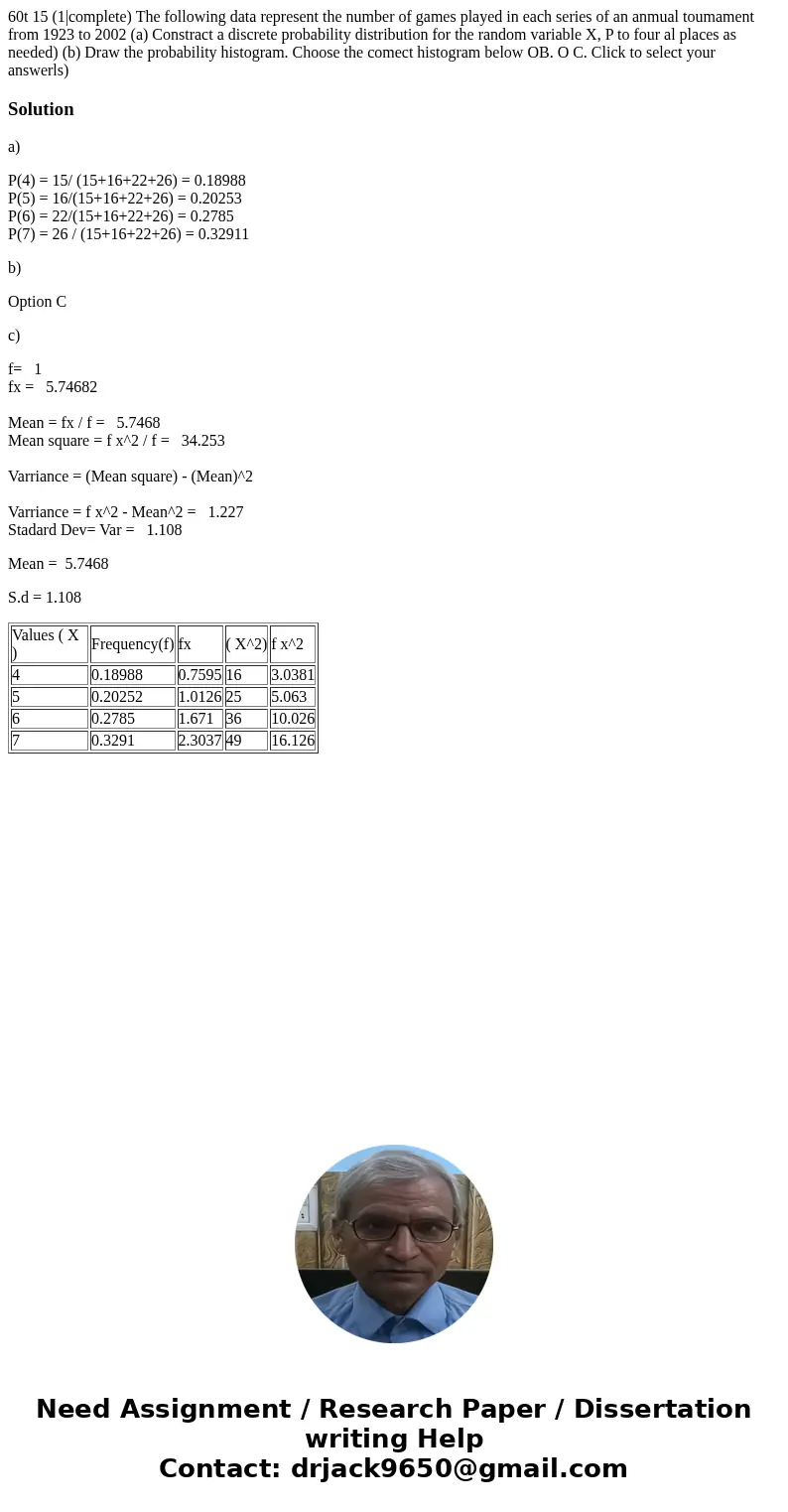 60t 15 (1|complete) The following data represent the number of games played in each series of an anmual toumament from 1923 to 2002 (a) Constract a discrete pr  60t 15 (1|complete) The following data represent the number of games played in each series of an anmual toumament from 1923 to 2002 (a) Constract a discrete pr