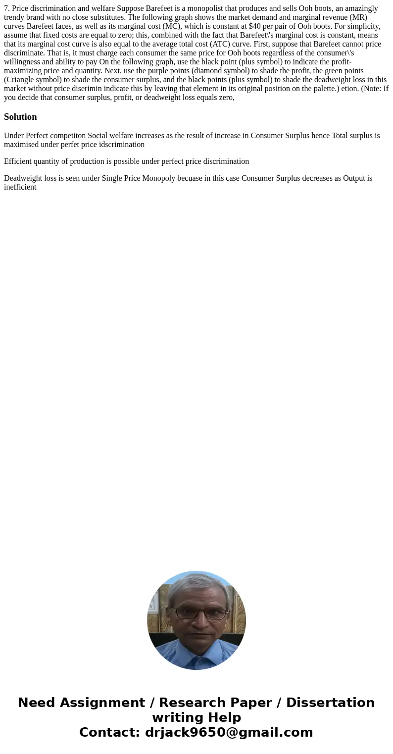 7. Price discrimination and welfare Suppose Barefeet is a monopolist that produces and sells Ooh boots, an amazingly trendy brand with no close substitutes. Th  7. Price discrimination and welfare Suppose Barefeet is a monopolist that produces and sells Ooh boots, an amazingly trendy brand with no close substitutes. Th