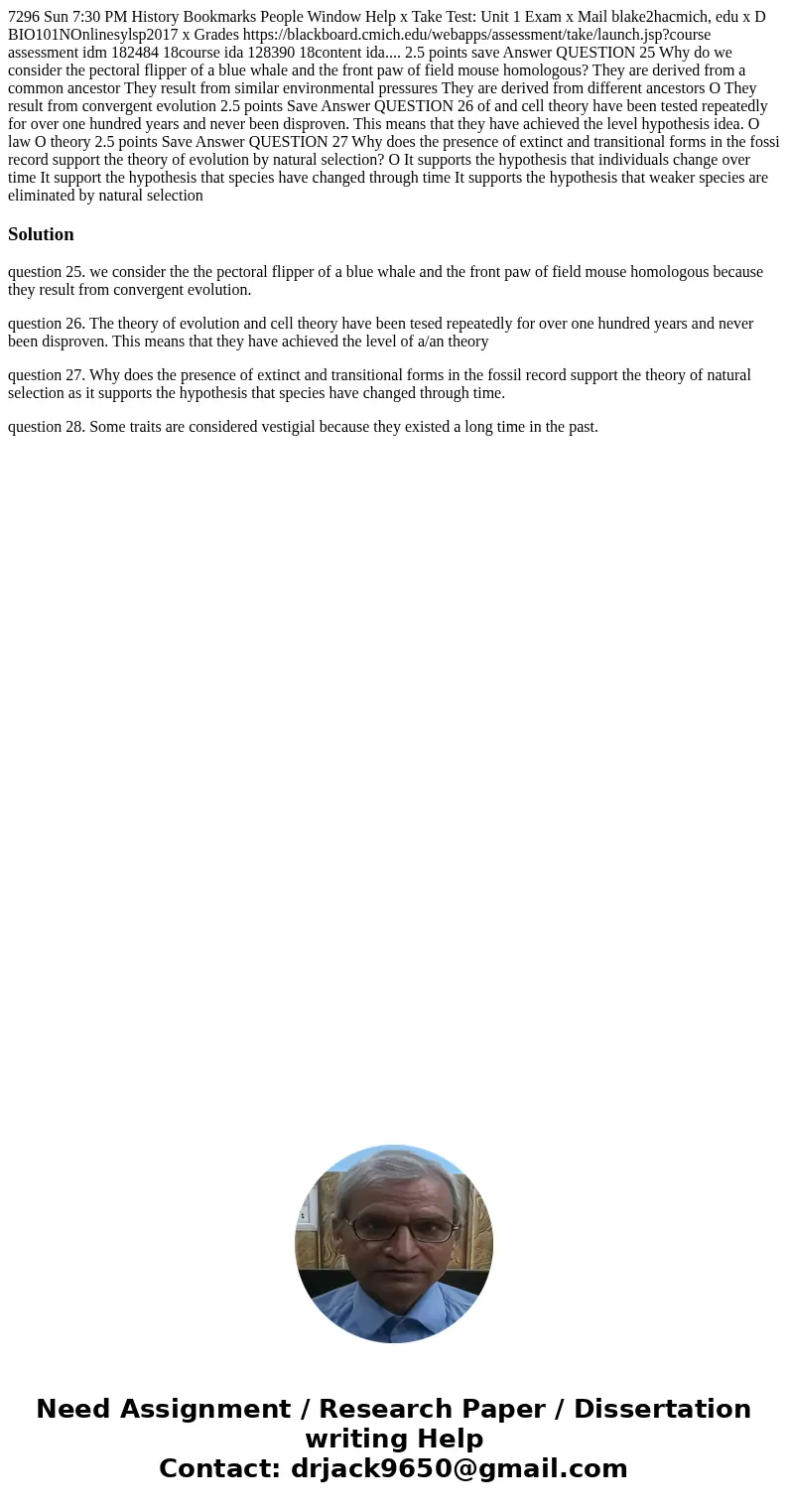  7296 Sun 7:30 PM History Bookmarks People Window Help x Take Test: Unit 1 Exam x Mail blake2hacmich, edu x D BIO101NOnlinesylsp2017 x Grades https://blackboard