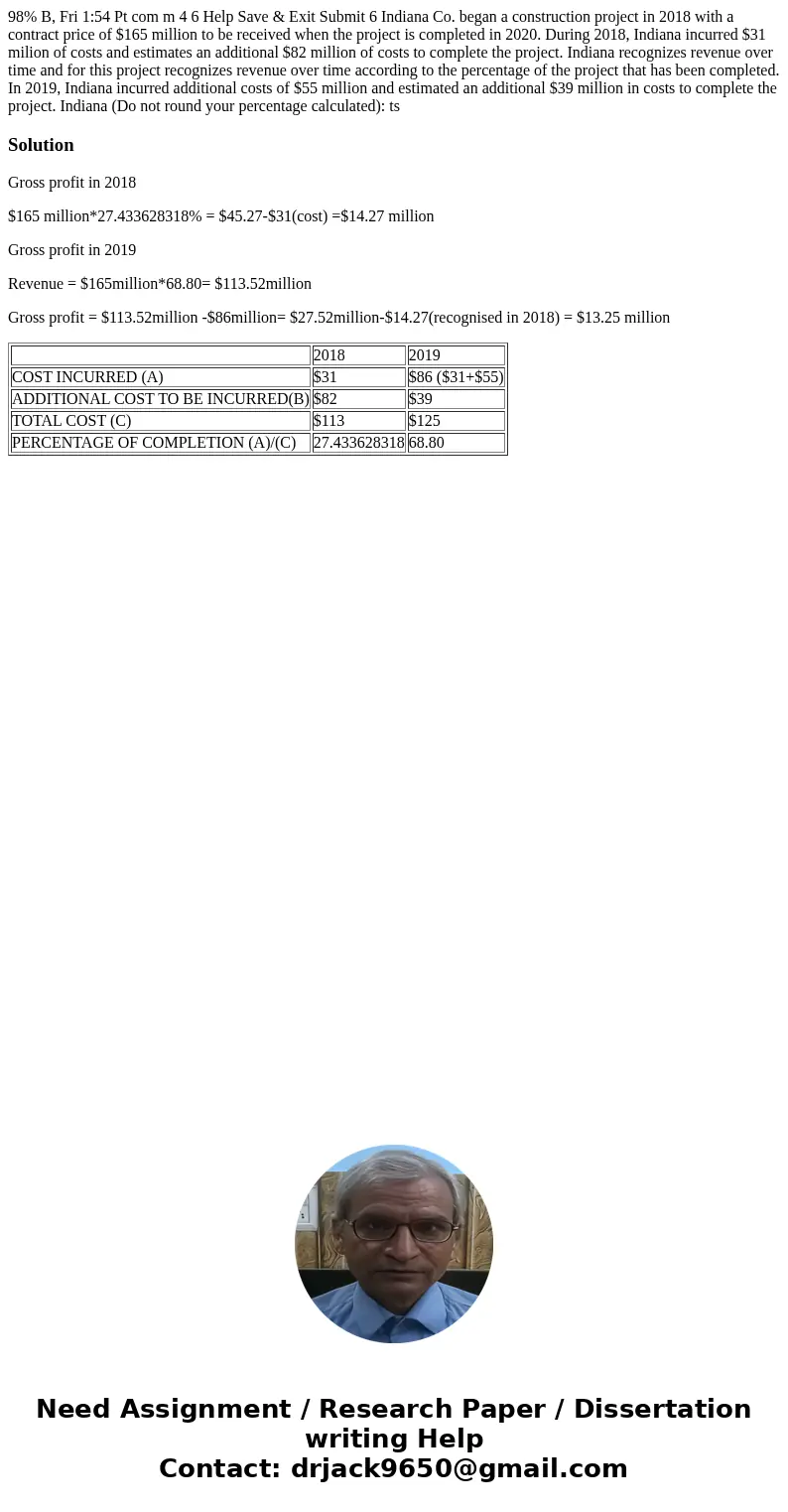 98% B, Fri 1:54 Pt com m 4 6 Help Save & Exit Submit 6 Indiana Co. began a construction project in 2018 with a contract price of $165 million to be receive  98% B, Fri 1:54 Pt com m 4 6 Help Save & Exit Submit 6 Indiana Co. began a construction project in 2018 with a contract price of $165 million to be receive