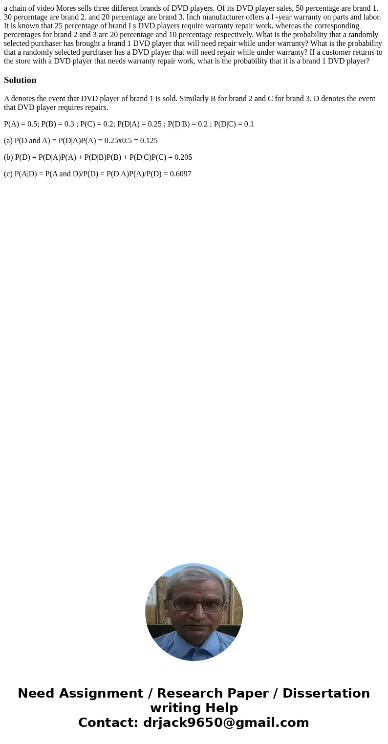 a chain of video Mores sells three different brands of DVD players. Of its DVD player sales, 50 percentage are brand 1. 30 percentage are brand 2. and 20 perce  a chain of video Mores sells three different brands of DVD players. Of its DVD player sales, 50 percentage are brand 1. 30 percentage are brand 2. and 20 perce