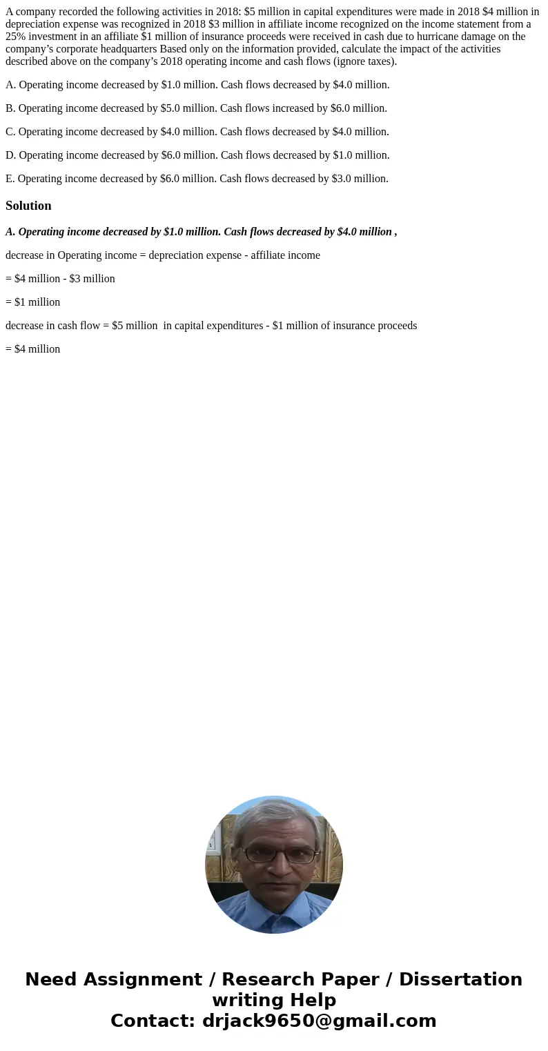 A company recorded the following activities in 2018: $5 million in capital expenditures were made in 2018 $4 million in depreciation expense was recognized in 2 A company recorded the following activities in 2018: $5 million in capital expenditures were made in 2018 $4 million in depreciation expense was recognized in 2