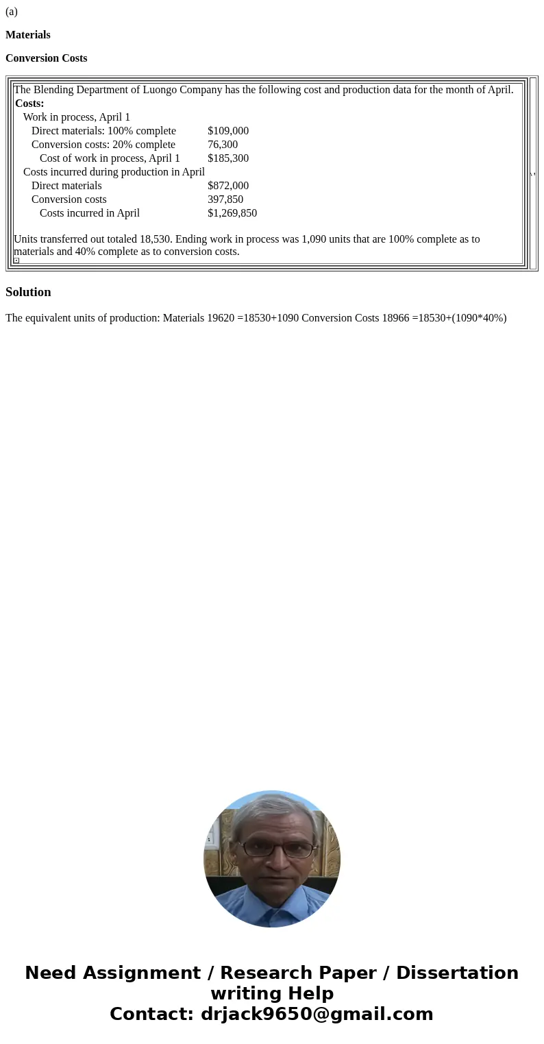 (a) Materials Conversion Costs The Blending Department of Luongo Company has the following cost and production data for the month of April. Costs: Work in proce