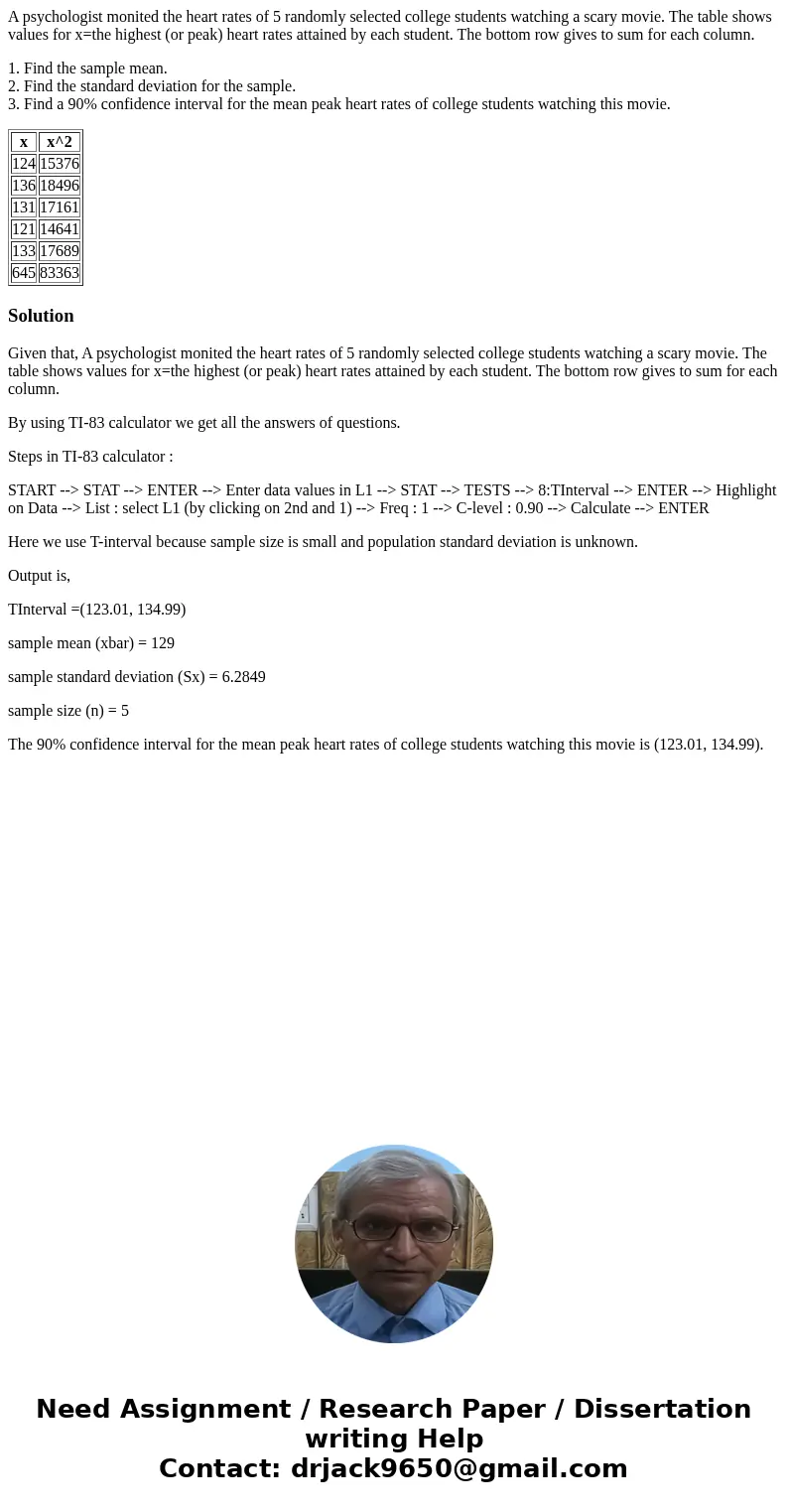 A psychologist monited the heart rates of 5 randomly selected college students watching a scary movie. The table shows values for x=the highest (or peak) heart  A psychologist monited the heart rates of 5 randomly selected college students watching a scary movie. The table shows values for x=the highest (or peak) heart